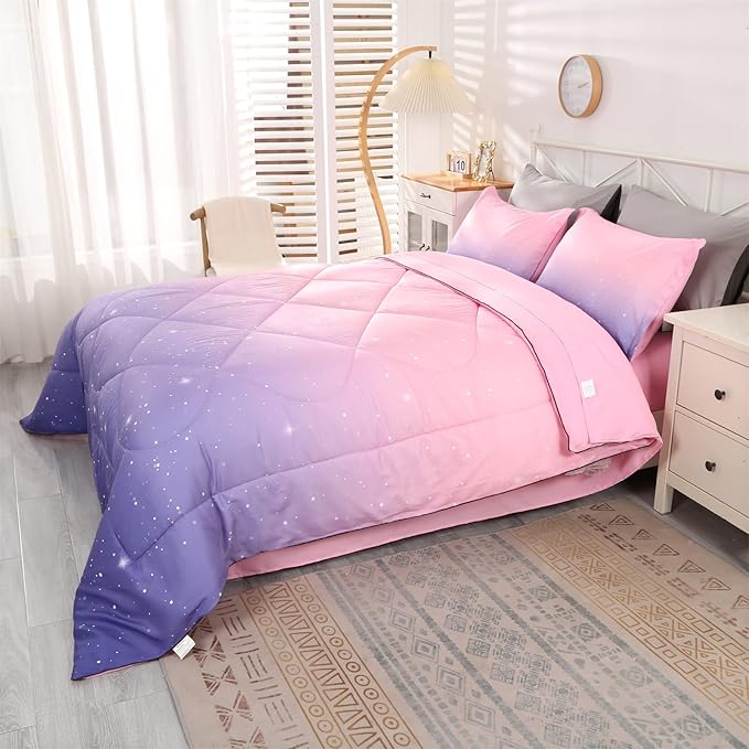 Wowelife Pink Bedding Set Twin Comforter Set for Girls 5 Pieces Glitter Galaxy Comforter Set Purple Rainbow Twin Bedding Set with Sheets Comfortable and Breathable for Kids