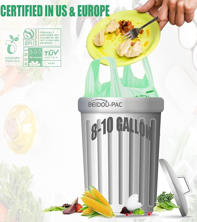 8-10 Gallon Compostable Trash Bags, 120 Count, Compost Bags Kitchen Trash Bags with Handle, Sturdy Biodegradable Garbage Bags Food Scrap Waste Bags, ASTM D6400, US BPI Certified