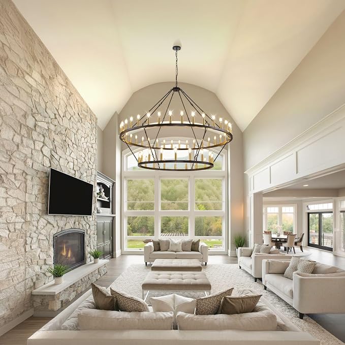 60 Inch Farmhouse Wagon Wheel Chandelier, 2 Tier 54-Lights Round Chandelier for Living Room, Rustic Black and Gold Chandelier, Extra Large Foyer Chandeliers for High Ceilings, for Staircase, Entryway