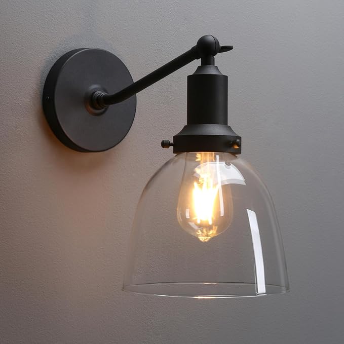 PERMO Industrial Vintage Sconces Slope Pole Single Sconce with 6.7" Oval Dome Clear Glass Shade Matte Black Wall Sconce Wall Mount Light Fixture for Bathroom Bedroom Entryway Home Office Kitchen