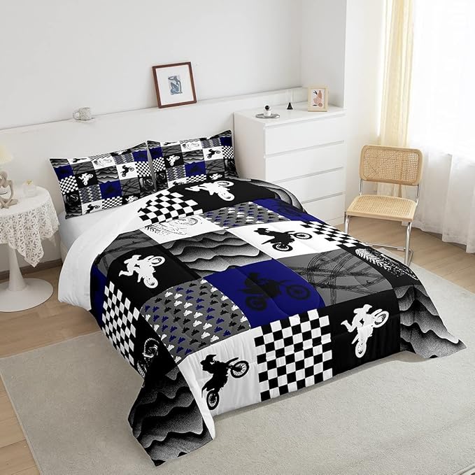 Dirt Bike Comforter Set, Motocross Rider Bedding Comforter Sets Twin, Motorcycle Grunge Down Comforter For Kids Boys Adult Men, Motorbike Extreme Sport Game Comforter, Buffalo Plaid, Blue Grey Black