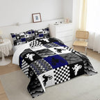Dirt Bike Comforter Set, Motocross Rider Bedding Comforter Sets Twin, Motorcycle Grunge Down Comforter For Kids Boys Adult Men, Motorbike Extreme Sport Game Comforter, Buffalo Plaid, Blue Grey Black
