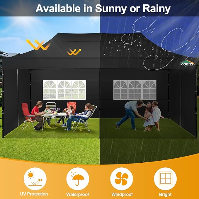 COBIZI 10x20 Pop up Canopy Tent 10x20 Canopy with 6 Sidewalls Waterproof Heavy Duty Commercial Canopy Tent for Parties Outdoor Tent Garden Gazebo Tent, Carry Bag with Wheel(10x20ft, Black)