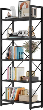 DWVO 5 Tier Bookshelf, Industrial Bookshelves Open Shelf Bookcase, Storage Shelves Organizer Display Rack for Bedroom,Living Room,Office,Kitchen, Charcoal Gray