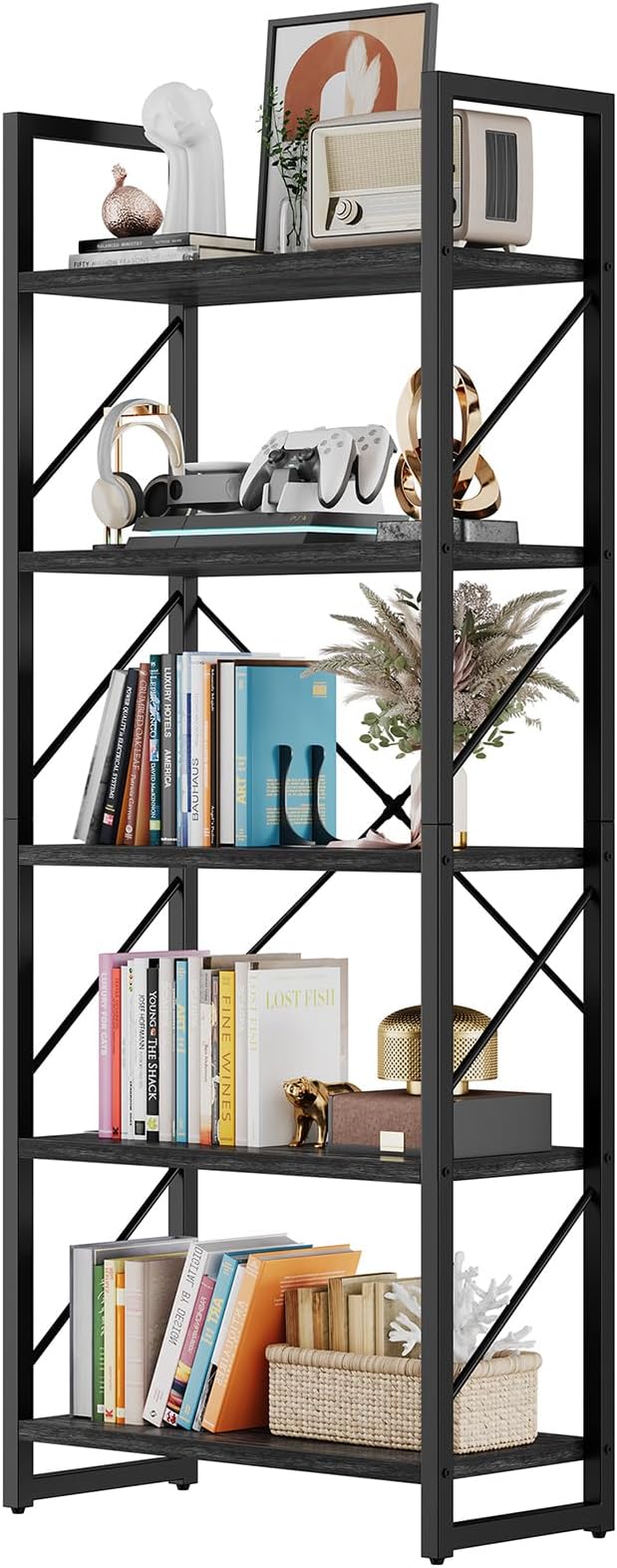 DWVO 5 Tier Bookshelf, Industrial Bookshelves Open Shelf Bookcase, Storage Shelves Organizer Display Rack for Bedroom,Living Room,Office,Kitchen, Charcoal Gray