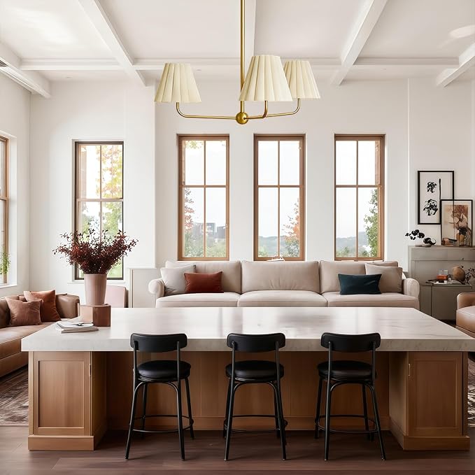 Mid-Century 3-Light Chandelier, Aged Brass & Linen | Natural Ivory Pleated Conical Shades, 120° Equal Arms, Perfect for Kitchen Island, Dining Room, Living Room