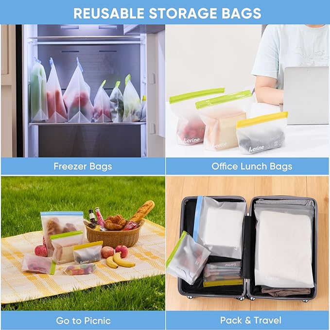 Lerine 18 Pack Reusable Gallon Freezer Bags Stand-Up Dishwasher Safe, BPA-Free Reusable Gallon Bags, Leakproof Food Storage Bags for Meat Vegetables Bread Travel (Gray, 18Gallon)