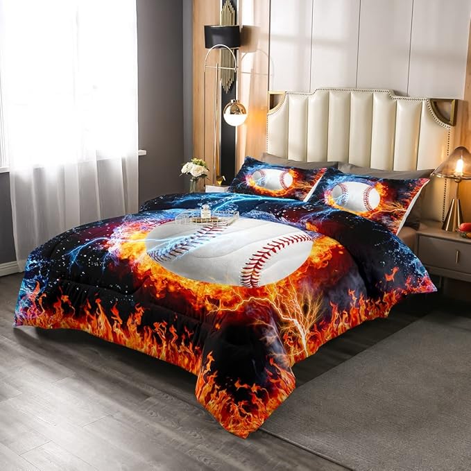 Baseball Comforter Set Twin Size for Teen Boy Room Decor, Fire and Ice Sports Baseball Down Comforter Kids Men Modern Sports Theme Quilted Duvet (1 Comforter Set + 1 Pillow Case), Red and Blue