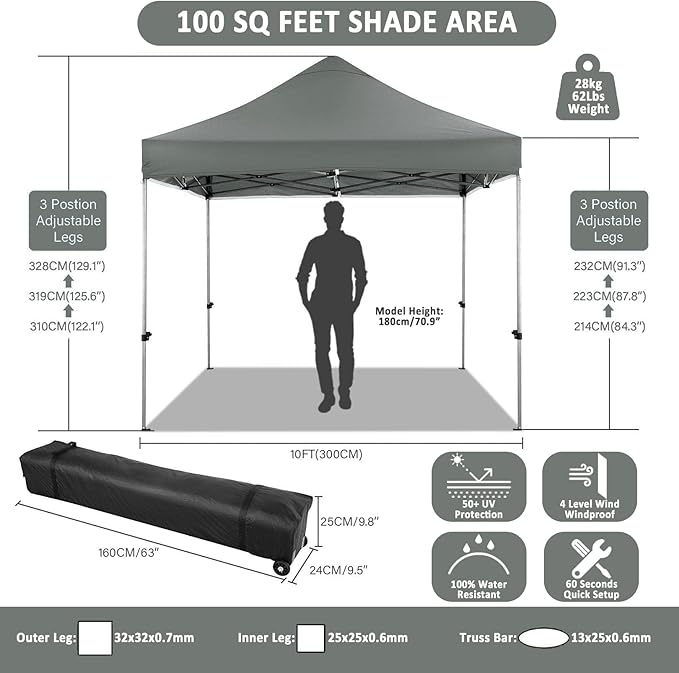 COBIZI 10x10 Pop Up Canopy with 4 Sidewall,Heavy Duty Canopy UPF 50+ All Season Wind Waterproof Commercial Outdoor Wedding Party Tents for Parties Canopy Gazebo with Roller Bag(10 x 10 ft Gray)