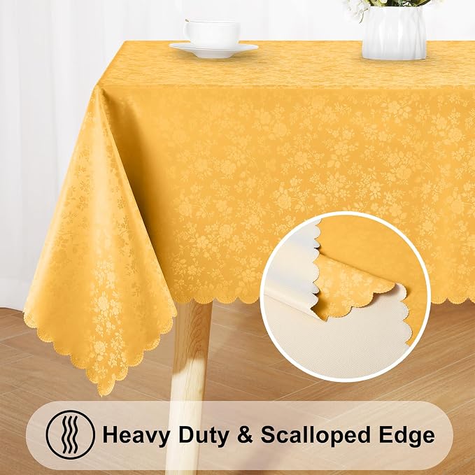 Smiry Rectangle Waterproof Heavy Duty Vinyl Tablecloths, 60 x 84 Inch | Wipeable Washable Floral Embossed Table Cover for Kitchen and Dining Room, Indoor & Outdoor Use, Mustard Yellow