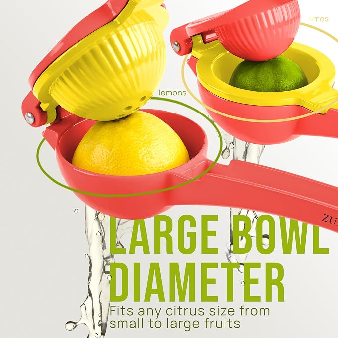 Zulay Kitchen Metal 2-in-1 Lemon Squeezer - Sturdy Max Extraction Hand Juicer Lemon Squeezer Gets Every Last Drop - Easy to Clean Manual Citrus Juicer - Easy-Use Lemon Juicer Squeezer - Red/Yellow