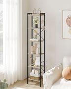 Bookshelf, Book Shelf, Industrial Bookcase with 2 Hooks, Coner Shelf Storage Organizer for Home Office, Living Room, Bedroom, Kitchen, 6-Tier Greige BC10705B