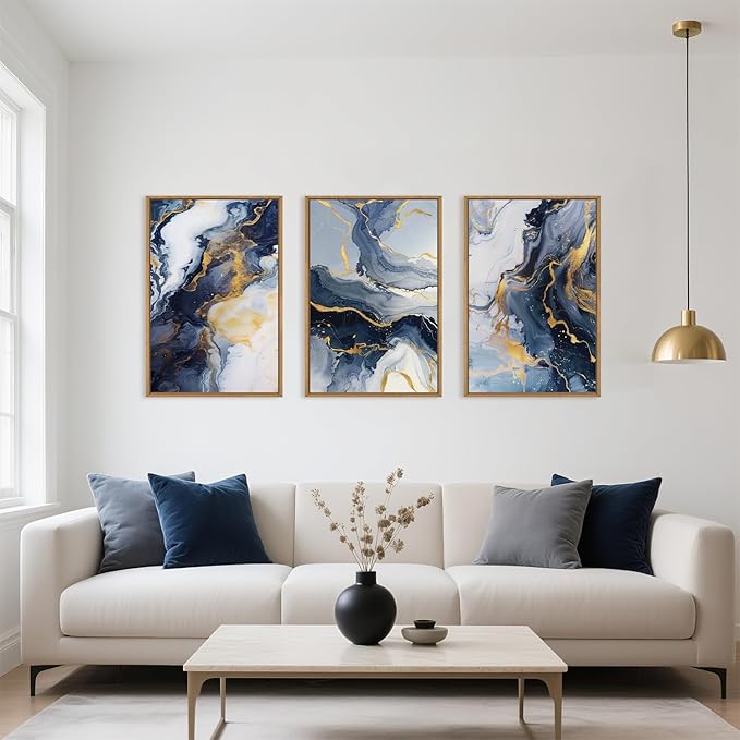 Celestdeco Blue Abstract Framed Canvas Wall Art Set, Blue Golden Aesthetic Wall Decor, Navy Blue Gold Wall Painting, Neutral Modern Art Print for Living Room, Bedroom, Dining Room, Office 24"x36"x3