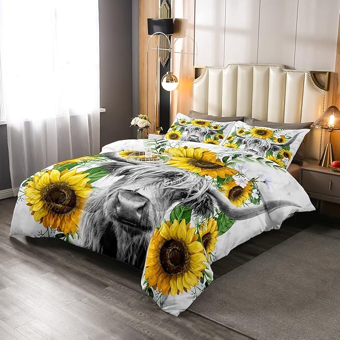 Highland Cow Comforter Set Queen Sunflowers Art Down Comforter Rustic Bull Cattle Bedding Set For Kids Boys Girls Adult Farmhouse Western Funny Animal Wild Theme Duvet Set Grey Marble Comforter