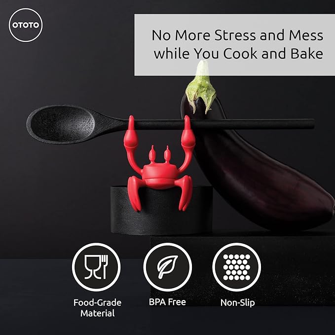 OTOTO 2 in 1 Silicone Spoon Rest & Steam Releaser - Large Spoon Holder for Stove Top - Unique and Useful Gift for Cooking - Heat Resistant Utensil Rest, Kitchen Gadgets, Red Gift (Red the Crab)