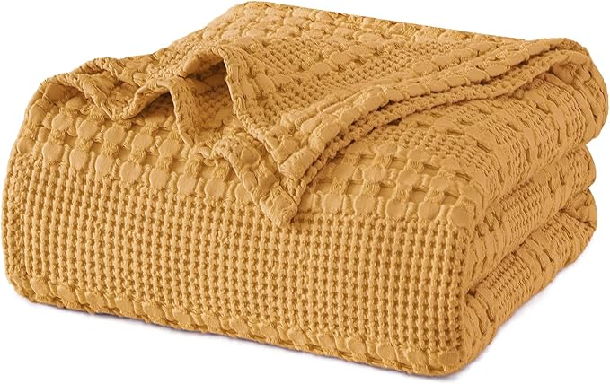 PHF 100% Cotton Waffle Weave Blanket Queen Size for Bed, Lightweight Washed Cotton Blanket - 90"x90" Aesthetic Soft Woven and Breathable Blanket for Sofa Home Decor - Ginger Yellow