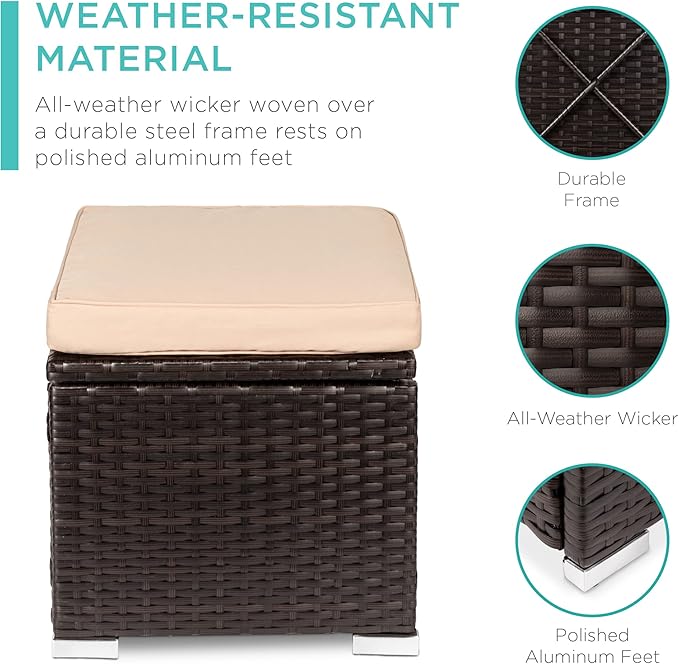Best Choice Products Set of 2 Wicker Ottomans, Multipurpose Outdoor Furniture for Patio, Backyard, Additional Seating, Footrest, Side Table w/Storage, Removable Cushions - Brown/Beige