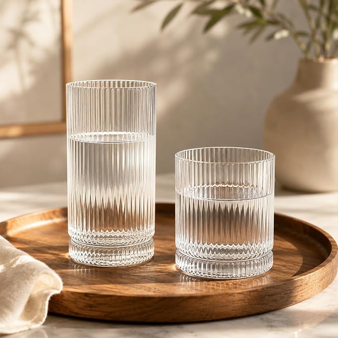 KEMORELA Ribbed Glassware Set of 8—4 Large Capacity Highball Glasses 16oz, 4 Rocks Glass Cups 13oz, Cocktail Glasses, Drinking Glasses Ideal for Beer, Juice, Ice Coffee Cup, Whiskey, Mixed Drinkware