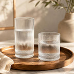 KEMORELA Ribbed Glassware Set of 8—4 Large Capacity Highball Glasses 16oz, 4 Rocks Glass Cups 13oz, Cocktail Glasses, Drinking Glasses Ideal for Beer, Juice, Ice Coffee Cup, Whiskey, Mixed Drinkware