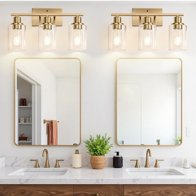 3 Light Bathroom Light Fixtures, Brass Vanity Lights for Bathroom with Clear Glass Shades, Modern Bathroom Wall Sconces for Mirror Living Room Cabinet