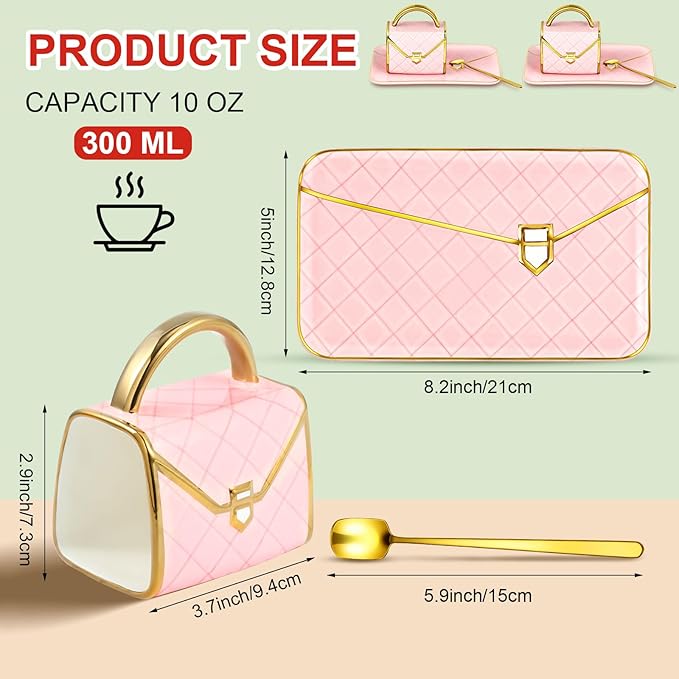 Zubebe 2 Sets Coffee Mug Elegant Handbag Shaped Cup Modern Ceramic Purse Mug with Spoon and Saucer, 10oz Cute Creative Tea Cup for Office Home Woman Girls Gift (Pink)