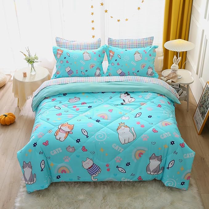 Cute Kids Cat Comforter Set Full Size 7 Piece Blue Rainbow Star Sun Heart Bed in A Bag Kawaii Animal Butterfly Fish Bedding Set for Girls Boys Teens Super Soft All Season