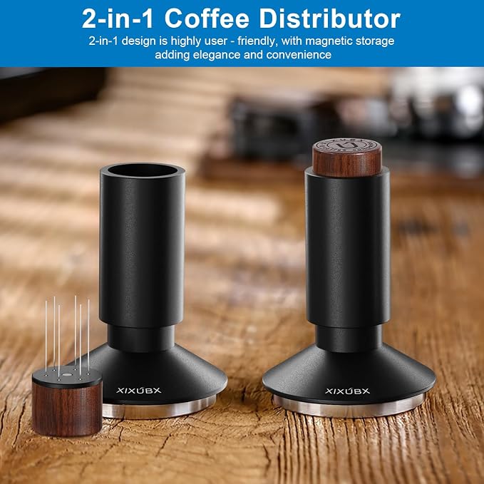 XIXUBX 2-in-1 Espresso Tamper & Magnetic WDT Tool, 53mm Spring Loaded Tamper with Anodized Aluminum Alloy Handle, Corrugated Base & Cover, Fits 53-54mm Portafilter Baskets for Espresso Machines