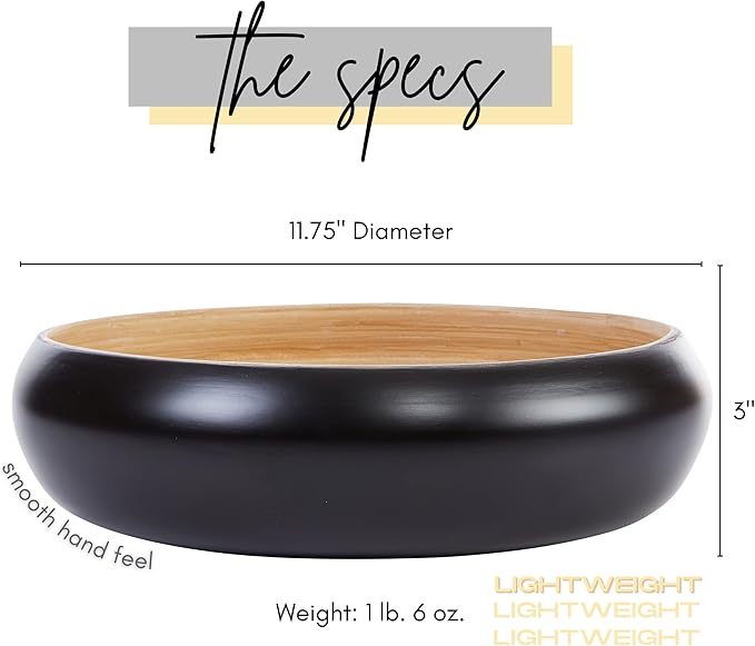 Fruit Bowl For Kitchen Counter, Decorative Bowl, Large Serving Bowl Or Fruit Basket For Kitchen Spun Bamboo (Black)