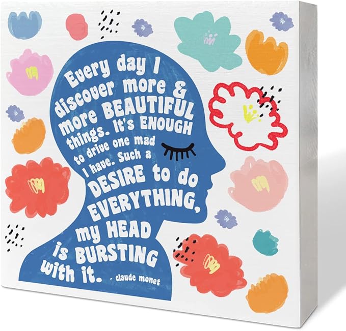 Home Office Desk Wooden Box Sign Decor, I Discover More & More Beautiful Things, Inspirational Quotes Desk Decor Motivational Desk Decorations for Women Girls Teens Student Office Classroom School