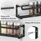 LUCYCAZ 4 Pack Wall Mounted Spice Rack with 16 Hooks, Spice Organizer Shelf for Stove Cabinet Pantry Door,Screw or Adhesive Spice Shelf Hanging Wall Spice Rack in Kitchen and RV (Black, 4 PACK)