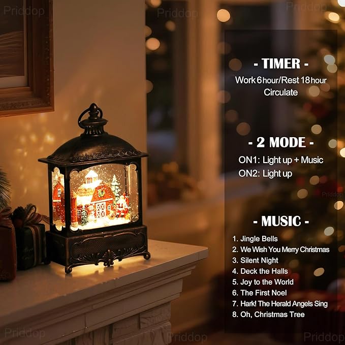 Christmas Snow Globe Lantern Christmas Decorations Gifts Barn Snowman Santa Claus Cardinal Winter Farm Scene Musical Glitter Snowfall USB/Battery Timer 12 inch