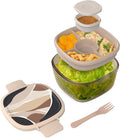 Bentgo Glass Prints All-in-One Salad Container - 61oz Tinted Glass Salad Bowl with Lid, Bento-Style Tray, Sauce Container, & Reusable Fork - Dishwasher & Microwave Safe (Inky Abstract - Neutrals)