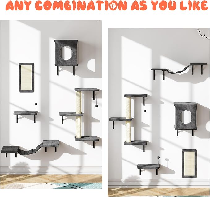 11-in-1 Cat Wall Shelves Cat Climbing Furniture with Wall Mounted Perch & Lounge for Indoor Cats, Space-Saving Cat Climbing Wall Systems, Dark Gray
