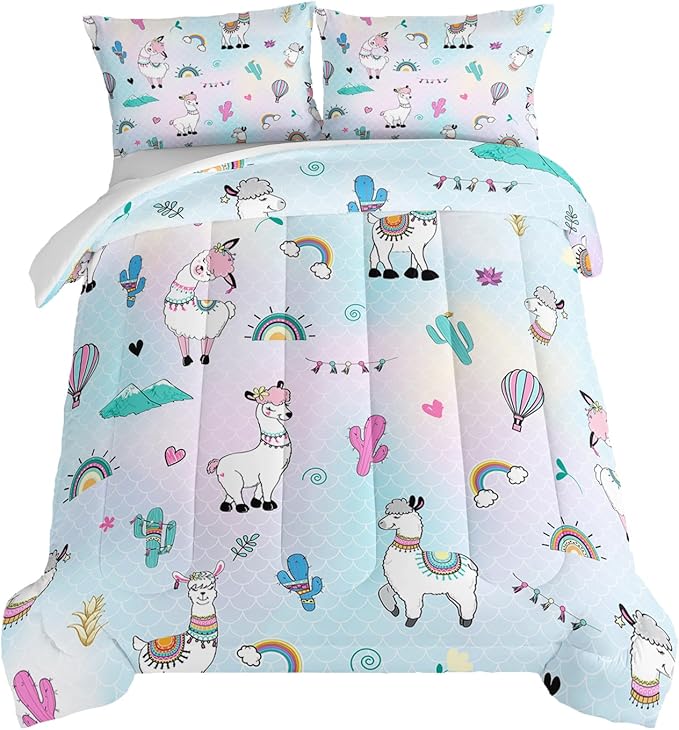 HOSIMA 3 Piece Cartoon Animal Llama Comforter,Cute Alpaca Toddler Comforter,Desert Cactus Plant King Size Comforter Set for Adults Kids,Fish Scales Comforter Rainbow Bedding Sets for Girls Boys.