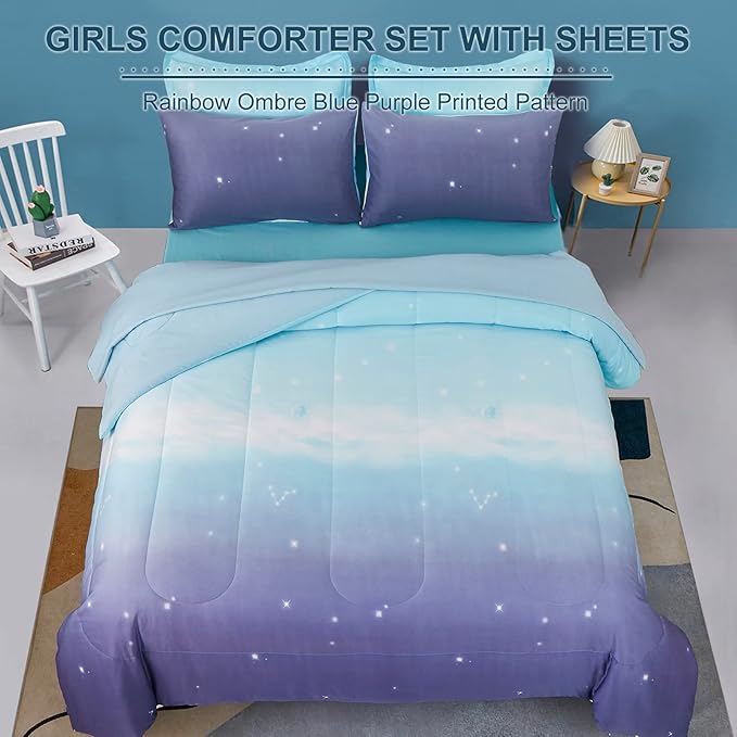 Dinjoy Girls Women Comforter Set King Size Ombre Blue Purple Rainbow Bedding Set 7 Pieces Bed in A Bag for Teen Adult (1 Comforter, 1 Flat Sheet, 1 Fitted Sheet, Pillow shams & Pillowcases)