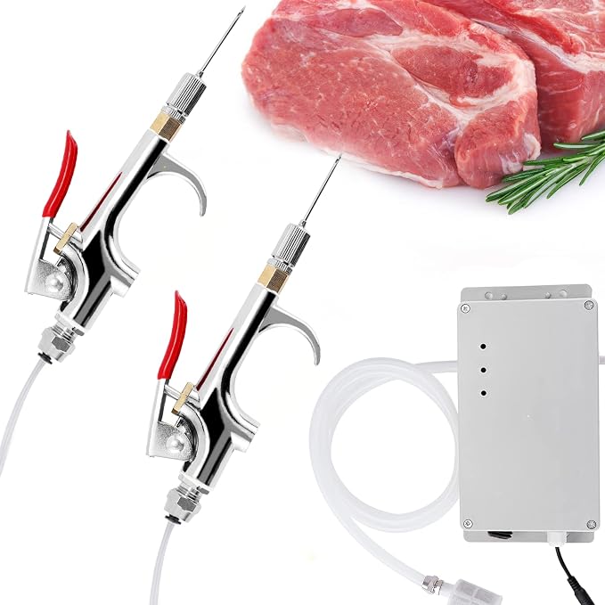 Electric Meat Injector Gun Pump with Hose, Stainless Steel Marinade Injector Syringe 70W with 10 Needles for BBQ, Turkey, Pork, Beef (Double Gun)