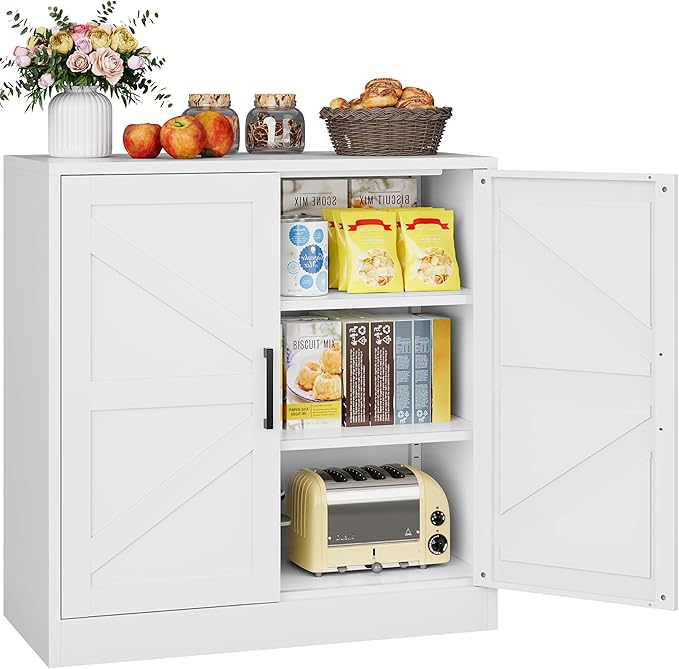 White Storage Cabinet with Doors and Adjustable Shelves,36" Farmhouse Food Pantry Cabinets,Small Sideboard Cabinet,Short Metal Storage Cabinets for Home Kitchen,Dining/Living/Laundry/Room