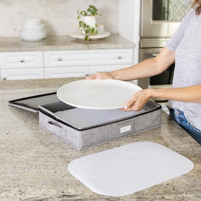 Platter Storage Case - Hard Shell and Stackable with Padded Interior - Fits 4 Serving Platters - 3 Large Felt Dividers Included - 17"W x 13"D x 4"H - China Storage Containers for Plates