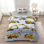4-Pcs Construction Twin Size Boys Bedding Set, Kids Comforter Set for Teens with Sheets and Pillowcase, Soft Grey Tractor Cars Bed in a Bag Sets