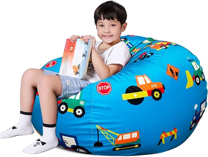 Lukeight Stuffed Animal Storage Bean Bag Chair Cover for Kids, Zipper Beanbag Chair Cover for Organizing Toddler & Kids' Rooms Plush Toys (Construction Velvet, X-Large)
