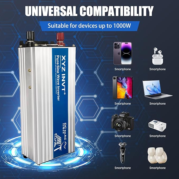 1000W Pure Sine Wave Inverter DC 48V to AC 110V 120V Power Converter 2000W Peak with LED Display for Most Small Power Appliances