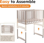 EvoNook 7-in-1 Convertible Mini Crib - Washed White, Portable Folding Baby Mini Crib with 1.5 Inch Mattress, 100% New Zealand Pinewood, 4 Adjustable Mattress Heights
