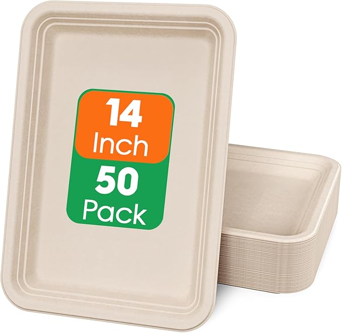 ECOLipak 50 Pack 14 Inch Disposable Food Crawfish Trays, Compostable Large Paper Plates, Disposable Thanksgiving Trays for Serving Food, Turkey, BBQ, Seafood Boil Party Supplies(Nature)