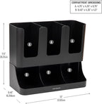 Mind Reader Condiment Station, 13 Inch Countertop Coffee Bar Organizer with 6 Compartments, Storage Caddy for Cups, Lids and Packets, Plastic, Black