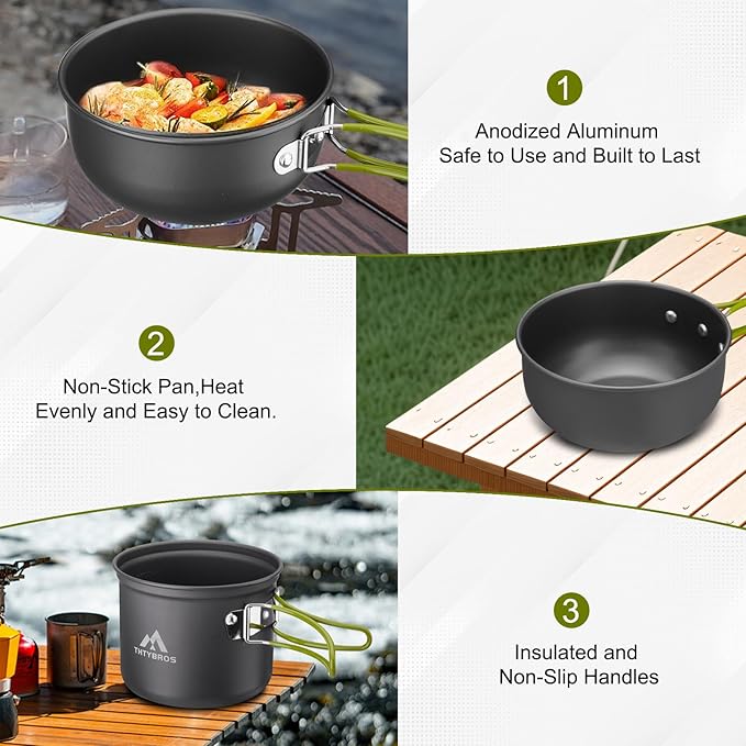 Camping Cookware Kit Backpacking, 0.33Gal Pots and 0.17Gal Pans Set,0.08Gal SUS304 Cup, Forks Knives Spoons for Hiking,Camping,Outdoor Cooking,Picnic,Solo Camping cookware