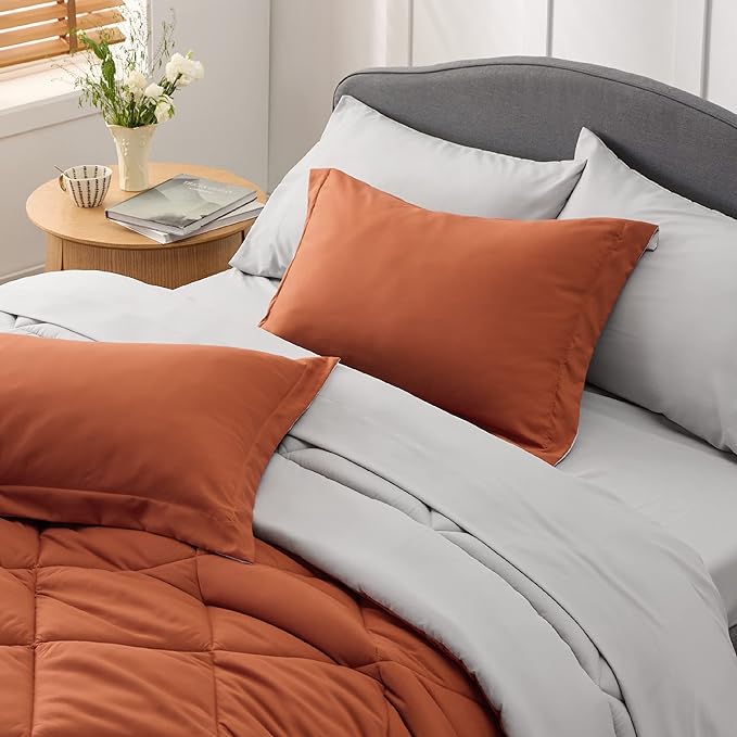 Bedsure Burnt Orange Queen Comforter Set - 7 Pieces Reversible Queen Bed in a Bag Queen Bed Set with Comforters, Sheets, Pillowcases & Shams, Queen Bedding Sets