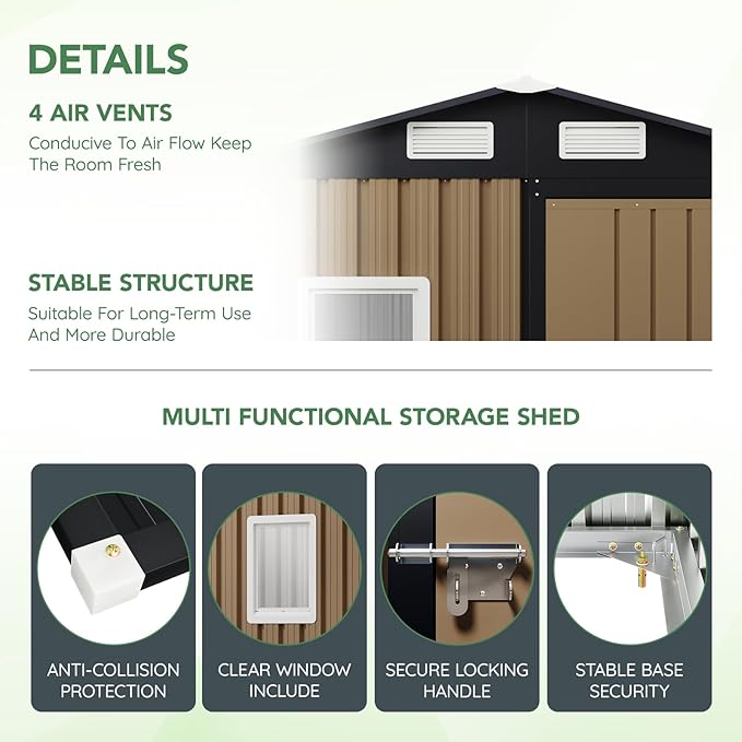 6X4FT Outdoor Steel Storage Shed with Lockable Doors, One Window,Ideal for Garden, Backyard, Patio Storage,Brown
