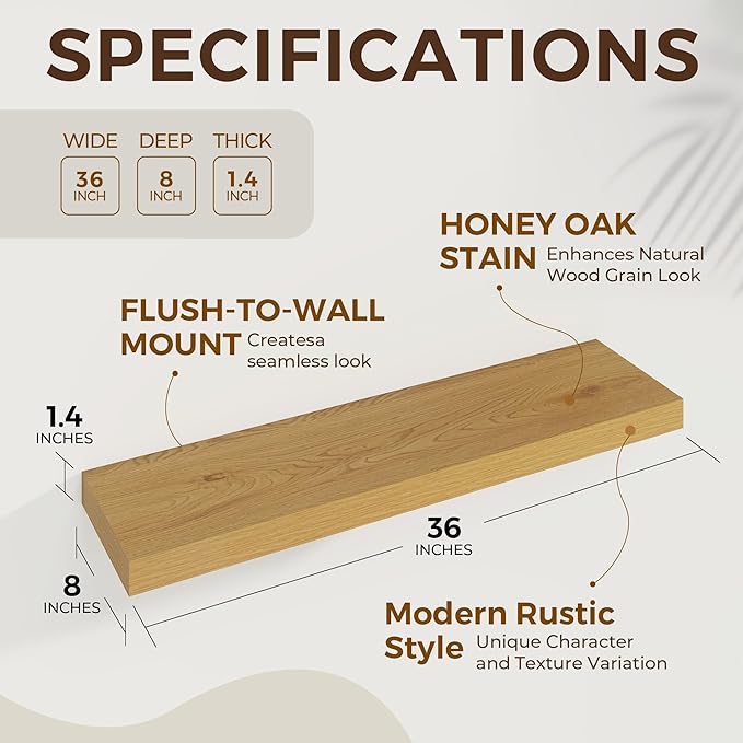36 inch Floating Shelves Wall Shelves for Office with Invisible Brackets, 8 inch Deep Shelves for Bathroom, Living Room, Kitchen, Office, 36x7.9 inch deep Set of 2, Oak