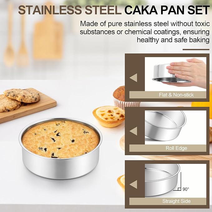 Homikit 6 Inch Round Cake Pan Set, Stainless Steel Small Baking Pans 3 Pack for Oven & Dishwasher, 2” Deep Small Nonstick Layer Cake Tins, Non-Toxic & Healthy