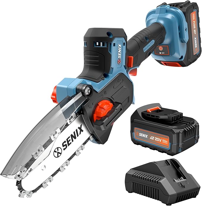 SENIX 20V 5" Mini Electric Chainsaw, Cordless Battery Powered Chainsaw, Brushless Small Handheld Portable Chain Saw, Includes 5Ah Battery & Charger, Gift for Men Dad Husband Fathers Gardener, CSX2-M3